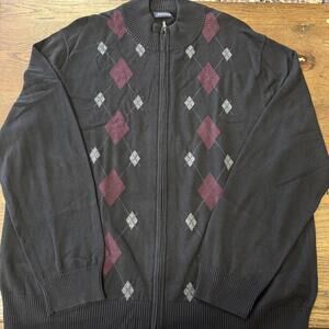 Men's full zip up argyle diamond black grey sweater XL